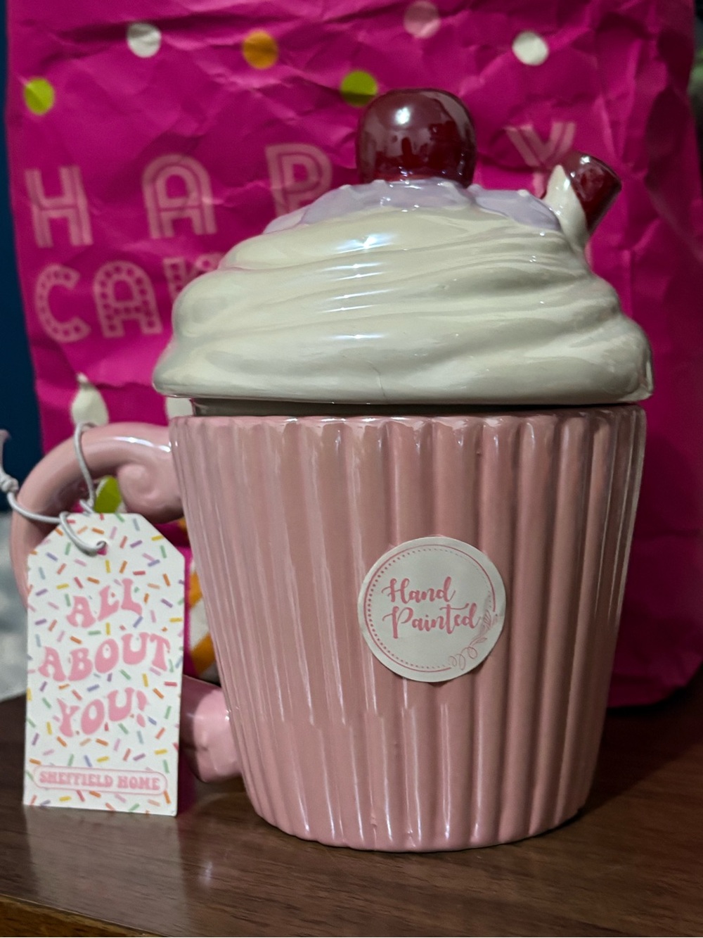 Sheffield Home Pink and Cream Cupcake Mug with Cherry Accent